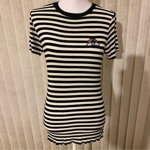 Midnight Hour Black & White Striped Rainbow Embroidered Patch Lettuce Trim Shirt